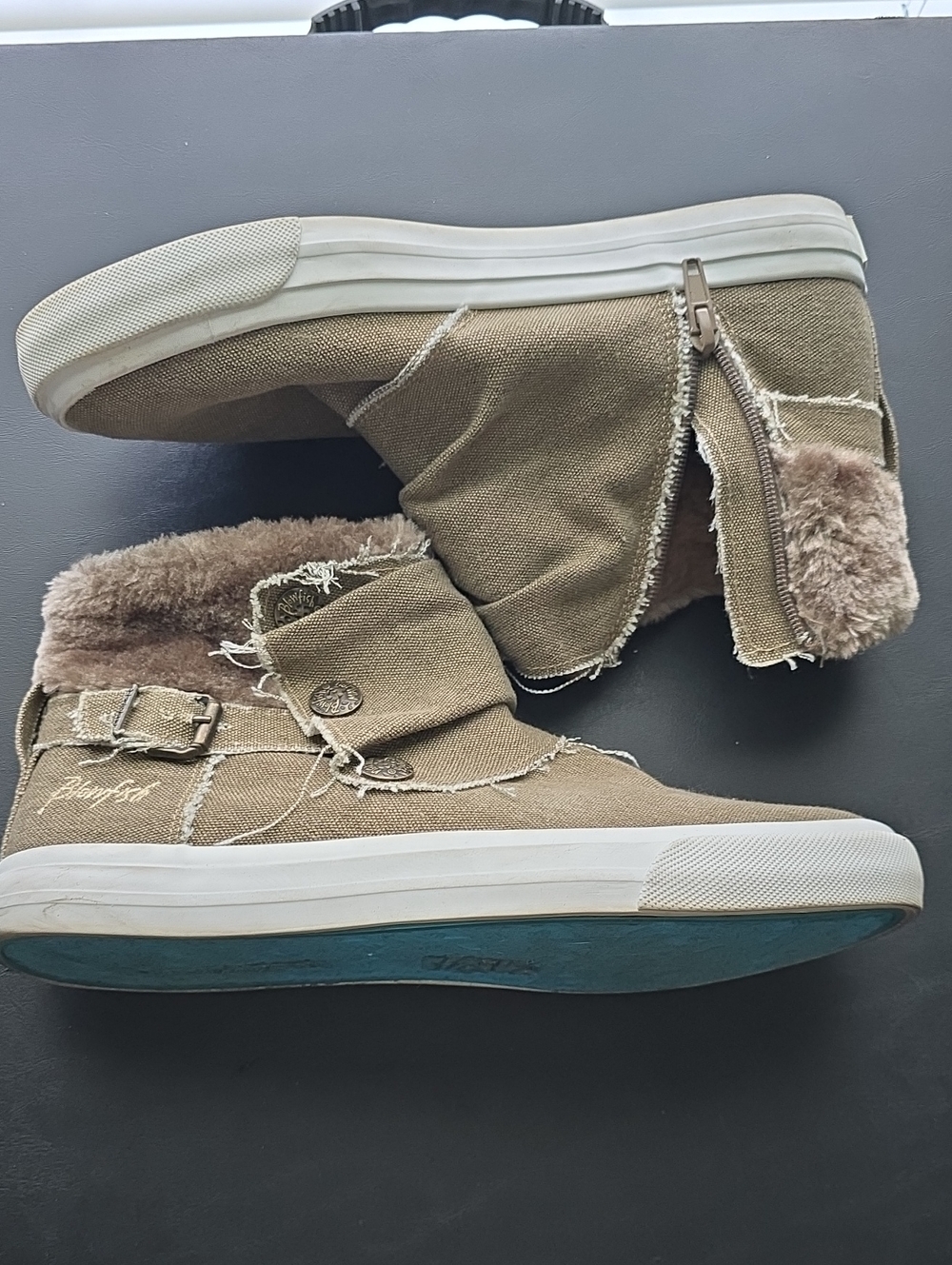 Blowfish Taupe Canvas High-Top Slip-On Boots with Faux Fur
